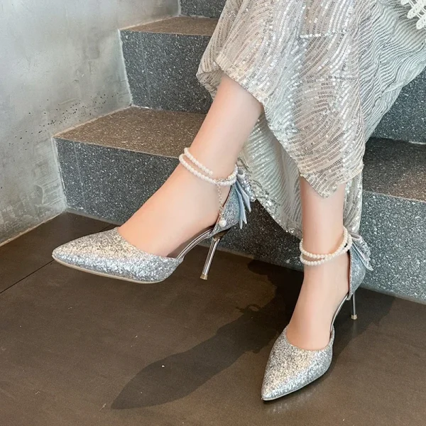 Giày Cao Gót Nữ Phong Cách Pháp - Mũi Nhọn, Nông, Thanh Lịch, Đính Sequin, Nơ & Chuỗi Ngọc Trai