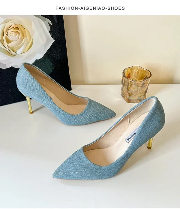 Giày Cao Gót 8cm Nữ - Mũi Nhọn, Gót Nhọn, Denim Thời Trang, Trang Trí Tua Rua, Phù Hợp Đi Làm & Dự Tiệc Cưới - Ảnh 7