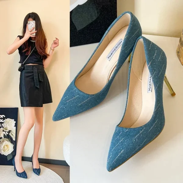 Giày Cao Gót 8cm Nữ - Mũi Nhọn, Gót Nhọn, Denim Thời Trang, Trang Trí Tua Rua, Phù Hợp Đi Làm & Dự Tiệc Cưới