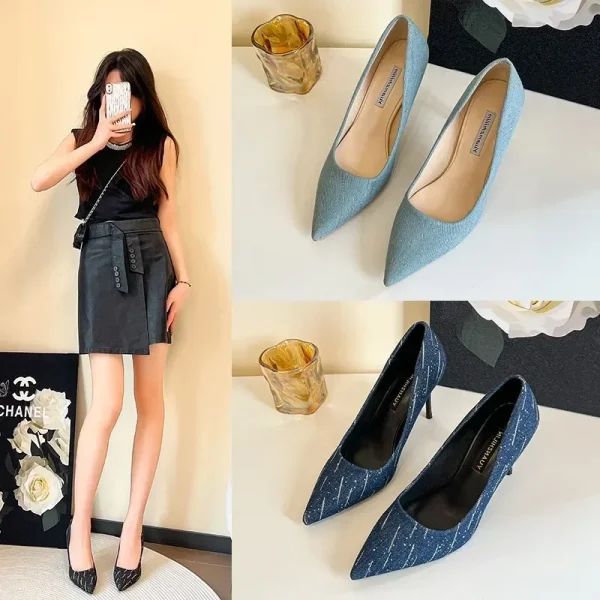 Giày Cao Gót 8cm Nữ - Mũi Nhọn, Gót Nhọn, Denim Thời Trang, Trang Trí Tua Rua, Phù Hợp Đi Làm & Dự Tiệc Cưới - Ảnh 3