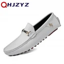 Giày lười nam da thật thủ công - màu trắng/đen, thiết kế slip-on, đế bệt
