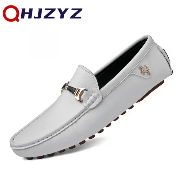 Giày lười nam da thật thủ công - màu trắng/đen, thiết kế slip-on, đế bệt
