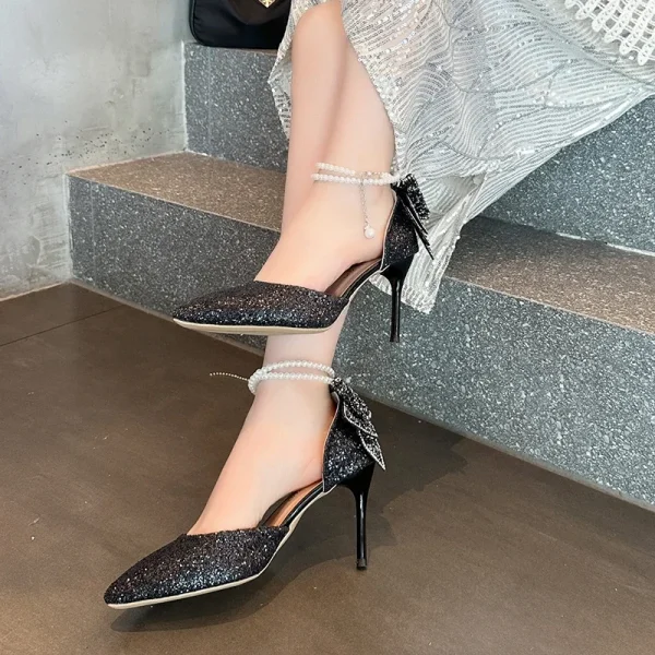 Giày Cao Gót Nữ Phong Cách Pháp - Mũi Nhọn, Nông, Thanh Lịch, Đính Sequin, Nơ & Chuỗi Ngọc Trai - Ảnh 7