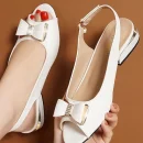 Giày sandal da nữ - hở mũi, đế vuông thấp, quai khóa, đính đá, phù hợp công sở & mùa hè