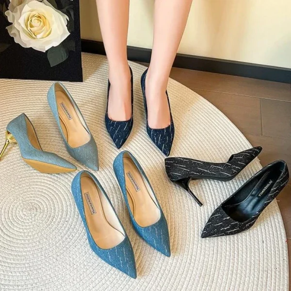 Giày Cao Gót 8cm Nữ - Mũi Nhọn, Gót Nhọn, Denim Thời Trang, Trang Trí Tua Rua, Phù Hợp Đi Làm & Dự Tiệc Cưới - Ảnh 2