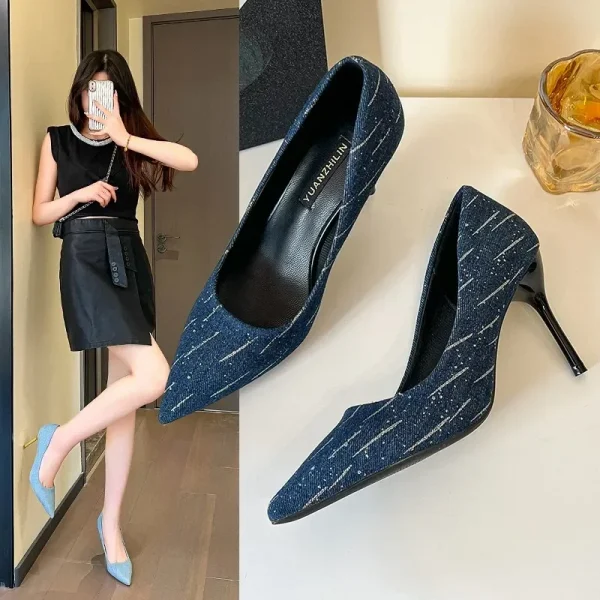 Giày Cao Gót 8cm Nữ - Mũi Nhọn, Gót Nhọn, Denim Thời Trang, Trang Trí Tua Rua, Phù Hợp Đi Làm & Dự Tiệc Cưới - Ảnh 5