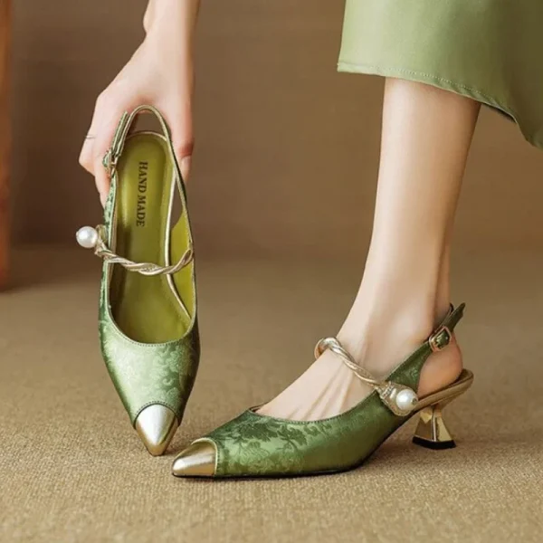 Sandal cao gót nữ mùa hè - mũi nhọn, gót thấp, quai khóa, đính ngọc trai, phong cách retro thanh lịch