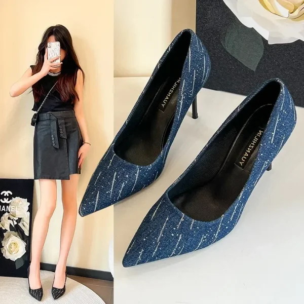 Giày Cao Gót 8cm Nữ - Mũi Nhọn, Gót Nhọn, Denim Thời Trang, Trang Trí Tua Rua, Phù Hợp Đi Làm & Dự Tiệc Cưới - Ảnh 6