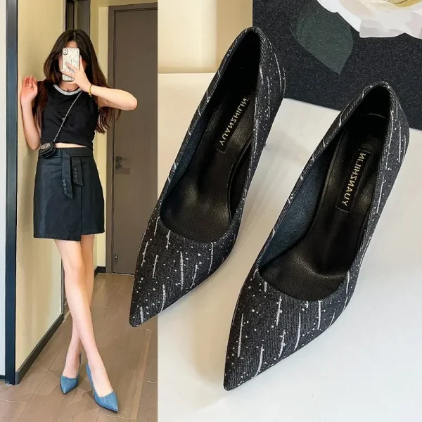 Giày Cao Gót 8cm Nữ - Mũi Nhọn, Gót Nhọn, Denim Thời Trang, Trang Trí Tua Rua, Phù Hợp Đi Làm & Dự Tiệc Cưới - Ảnh 4
